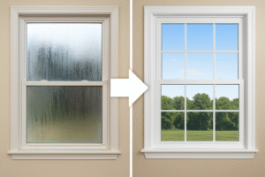 An old, leaky window, and a brand new vinyl, grid window